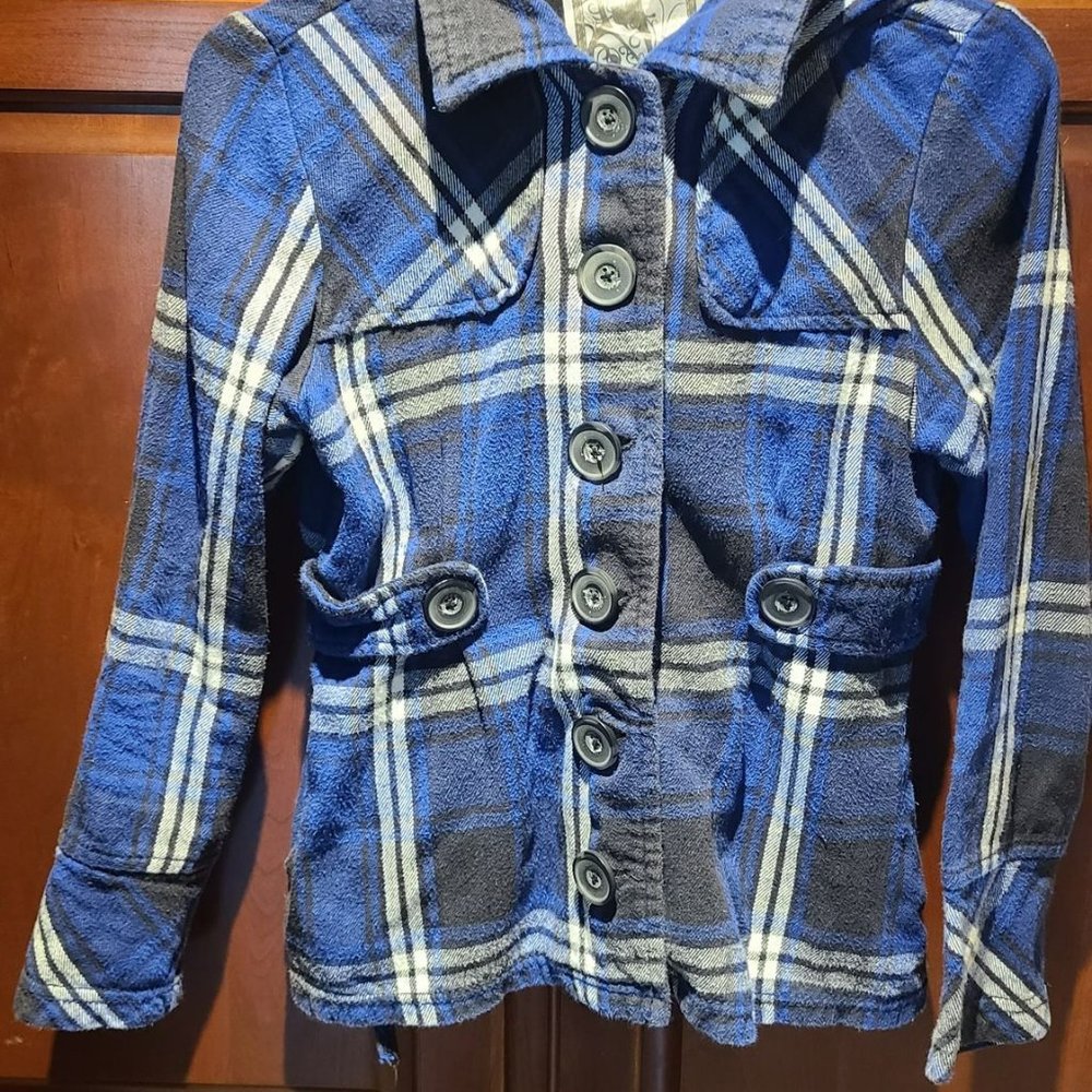 Plaid blue, black, white light pea coat size small, Self Esteem